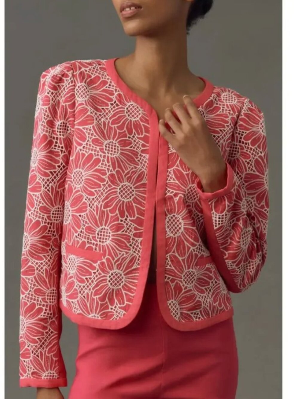 NWT Anthropologie DOLAN Floral Lace Pink & White Cutwork Open Front Jacket XS